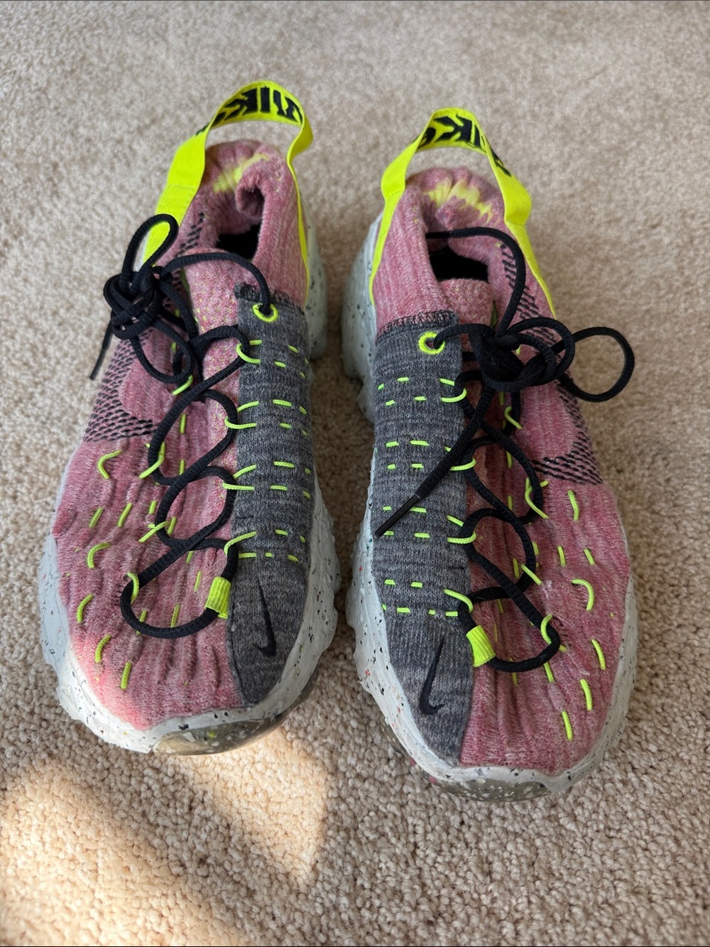 Nike Women’s Pink, Gray & Neon Yellow Flyknit Slip-On Sneakers